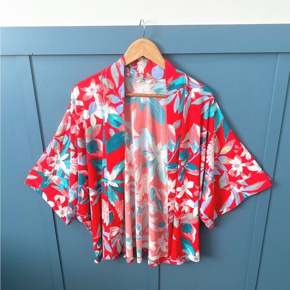 Natori XS Oversized Kimono Open Front Flowy Knit Sweater Red Floral